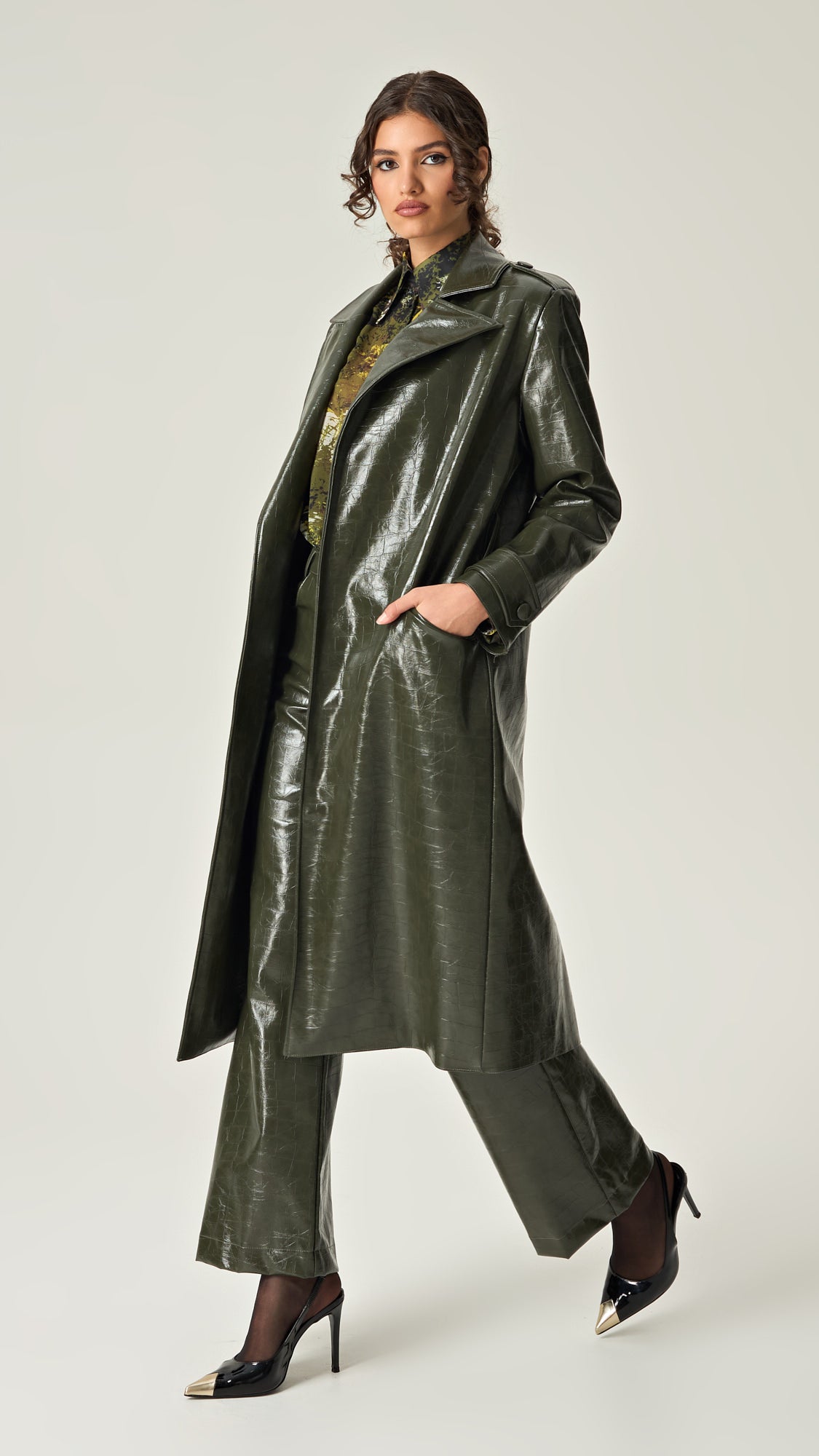 EMERALD ALLURE CROCO LEATHER TRENCH COAT