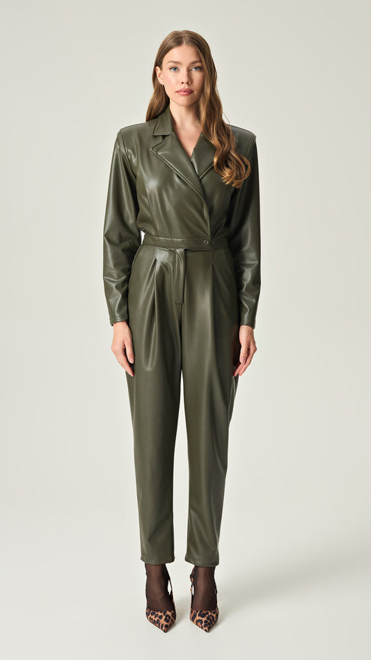 OLIVE COMMAND SOFT LEATHER JUMPSUIT