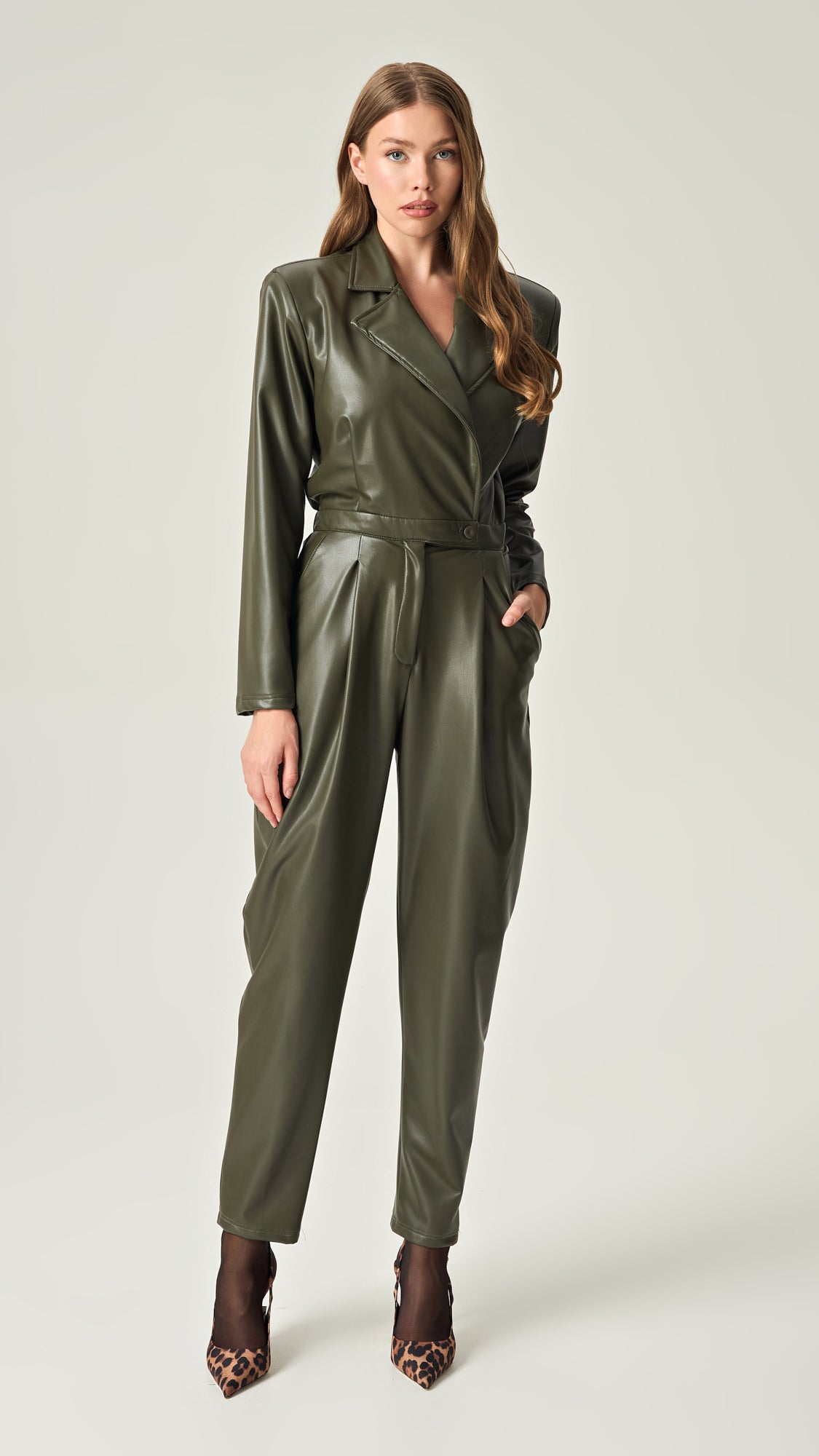 OLIVE COMMAND SOFT LEATHER JUMPSUIT