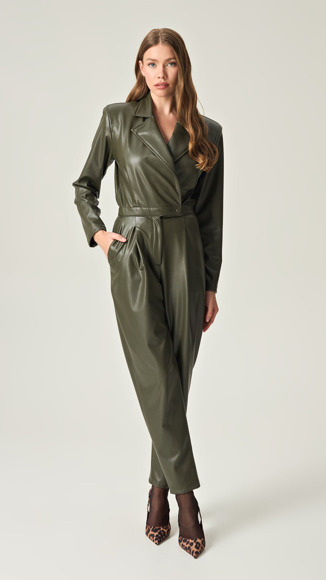 OLIVE COMMAND SOFT LEATHER JUMPSUIT